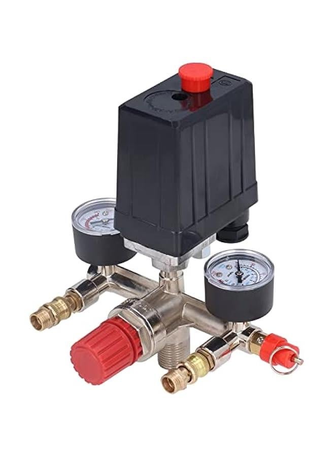 طقم صمام ضغط ضاغط الهواء، منظم مشعب بمفتاح رأسي، ضغط قابل للتعديل 90-120 رطل/بوصة مربعة، صمام تحكم بمفتاح ضغط مع مقاييس منظم ضغط ومجموعة تجهيزات صمام - Image 1